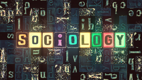 The word Sociology as neon glowing unique typeset symbols, luminous letters sociology photo