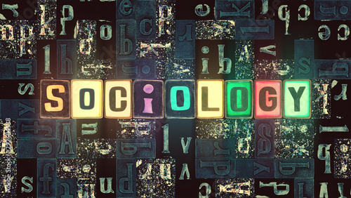 The word Sociology as neon glowing unique typeset symbols, luminous letters sociology