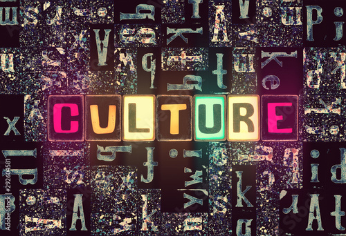 The word Culture as neon glowing unique typeset symbols, luminous letters culture