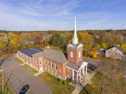 Tewksbury Congregational Church aerial view in historic town center in fall, Tewksbury, Massachusetts, MA, USA. photo