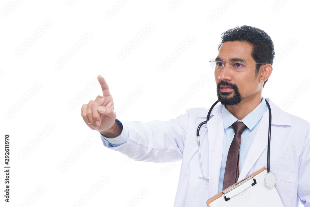 Adult Doctor wearing medical robe with a stethoscope hanging on the neck with paperwork showing gesture is pressing or pointing something is empty, isolated on white background. Adult Doctor wearing medical robe with a stethoscope hanging on the neck with paperwork showing gesture is pressing or pointing something is empty, isolated on white background.
