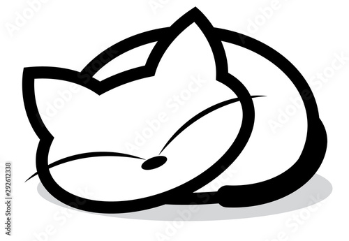 Cartoon adorable white sleeping cat in black outline - vector outline