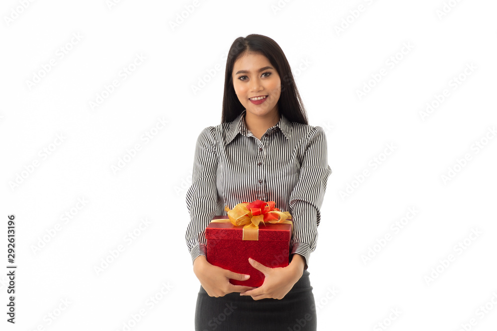 Beautiful smiling asian young lady holding beautiful red present box and isolated on white background. Portrait of business woman giving a gift. Beautiful smiling asian young lady holding beautiful red present box and isolated on white background. Portrait of business woman giving a gift.