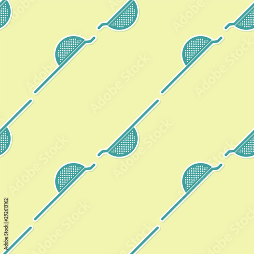 Green Kitchen colander icon isolated seamless pattern on yellow background. Cooking utensil. Cutlery sign. Vector Illustration