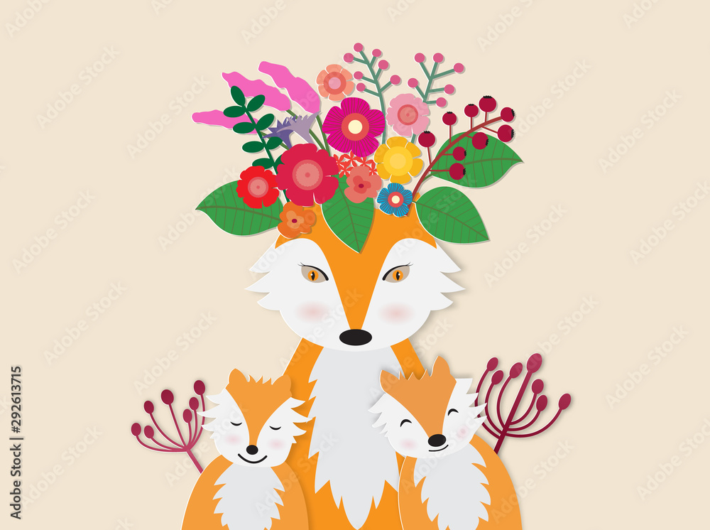 Obraz premium Vector image of cute red foxes and her baby with colorful flower.