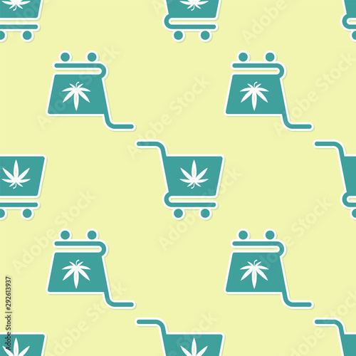 Green Shopping cart with marijuana or cannabis leaf icon isolated seamless pattern on yellow background. Online buying. Delivery service. Supermarket basket. Vector Illustration