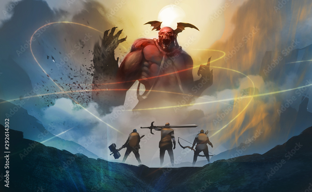 Obraz premium Cyfrowe malowanie ilustracji styl projektowania grupa wojowników napotyka czerwonego demona z piekła rodem o północy na tle księżyca, próbując aresztować ich za pomocą magicznych zaklęć.