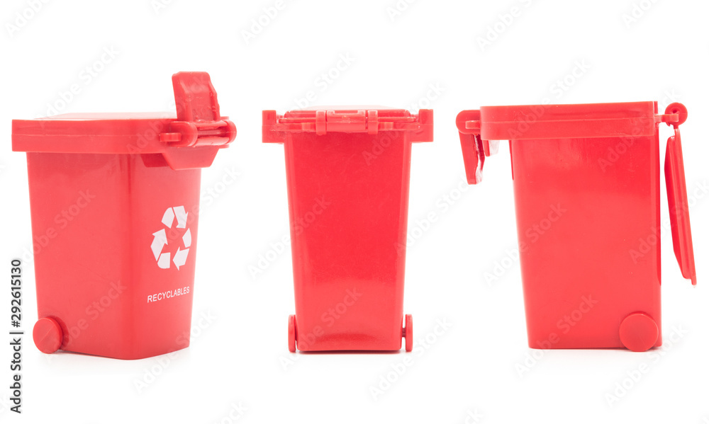 Set of red plastic toy trash cans isolated on white background Set of red plastic toy trash cans isolated on white background