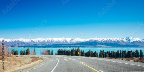 Lake Pukaki Driving on a Sunny Day in New Zealand photo