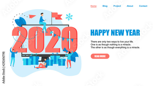 Happy New Year 2020 concept, greeting card with people character in computer monitor. Webpage and banner template.