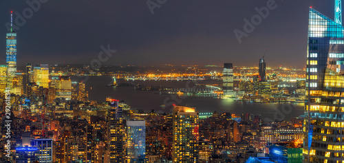 Panorama of Top Scene of New York City Cityscape in lower manhattan at the twilight time, USA downtown skyline, Architecture and building skyscraper with tourist concept