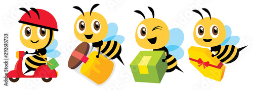 Cartoon cute bee mascot flat art vector set. Cartoon cute bee deliver product set. Cute bee ride scooter, cute bee carry organic honey bottle - Flat art vector character set