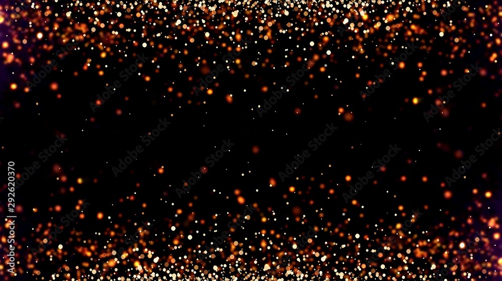 Fiery sparks abstract pattern. Orange yellow red bokeh on black background. 