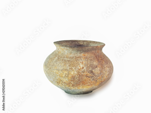 view of prehistoric pottery clay pot covered with old patina isolated on white background, 1800-1500 BC., Lopburi, Thailand.