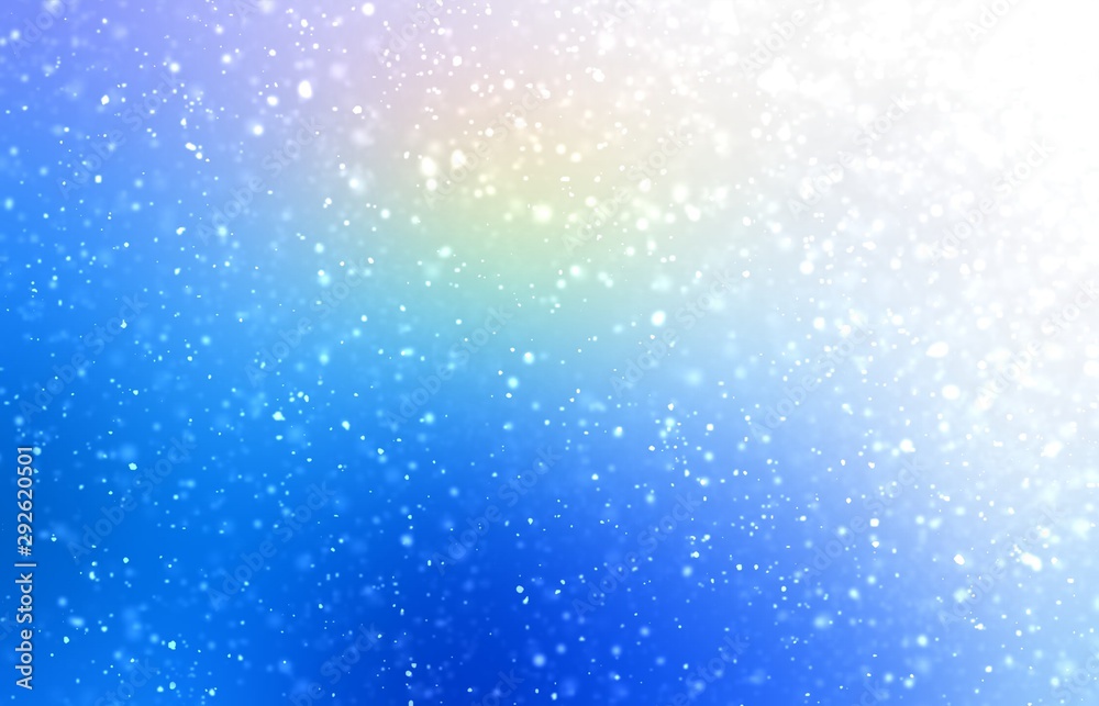 Spectrum light on bright blue winter sky background. Falling snow pattern. Abstract blurred illustration. Festive graphic.