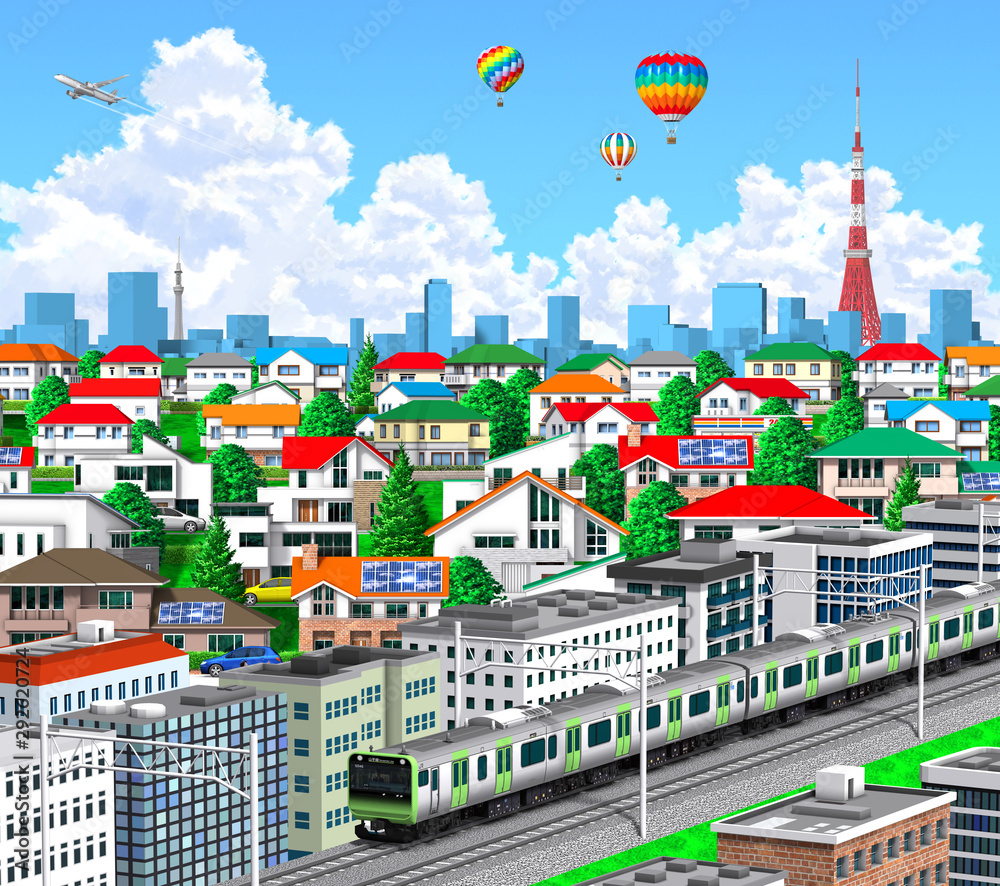 Tokyo cityscape with train, 3d rendering, tower, balloon, thunderhead