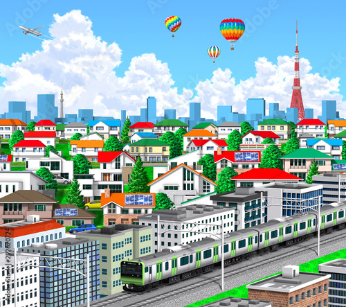 Tokyo cityscape with train, 3d rendering, tower, balloon, thunderhead