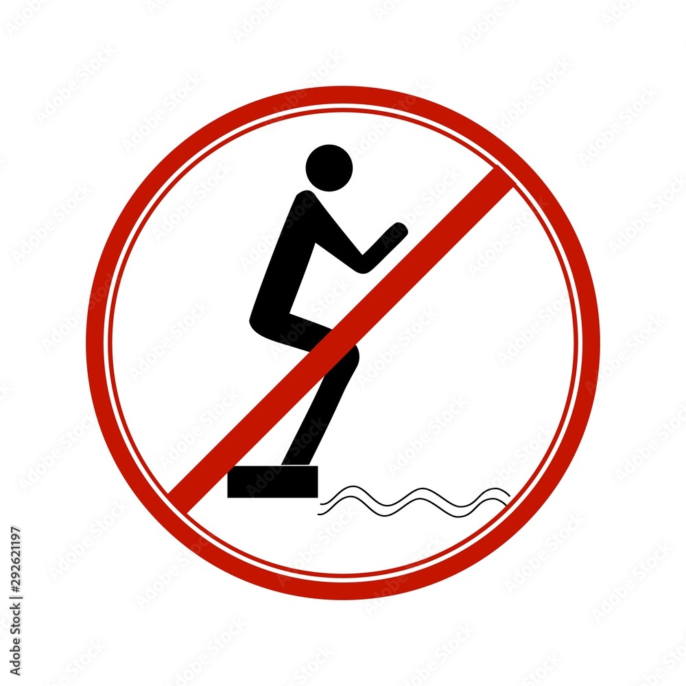 Don't jump into the water. Dangerous dive. Sign danger on beach, in river, sea, aqua. Warning of danger during jump in. Colorful template for poster, etc. Design flat element. Vector illustration Don't jump into the water. Dangerous dive. Sign danger on beach, in river, sea, aqua. Warning of danger during jump in. Colorful template for poster, etc. Design flat element. Vector illustration