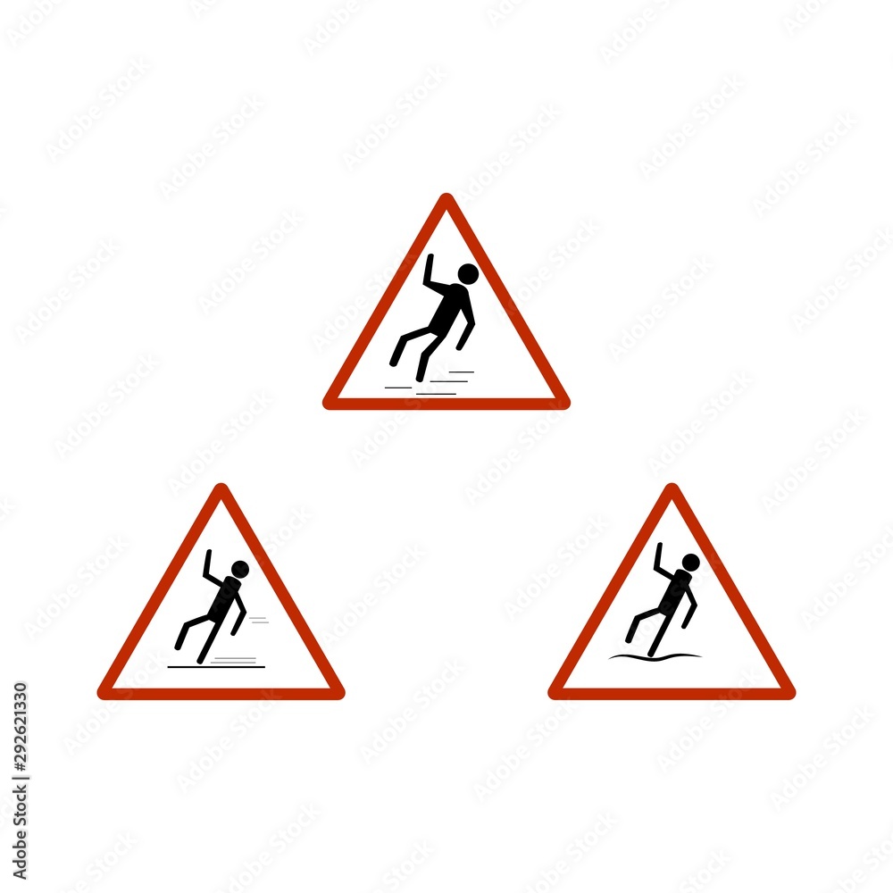 Slippery sidewalk set. Sign danger on ice roadand wet sidewalk. Warning of danger during rain and sleet, risk fall and accident. Colorful template for card poster. Design element. Vector illustration Slippery sidewalk set. Sign danger on ice roadand wet sidewalk. Warning of danger during rain and sleet, risk fall and accident. Colorful template for card poster. Design element. Vector illustration