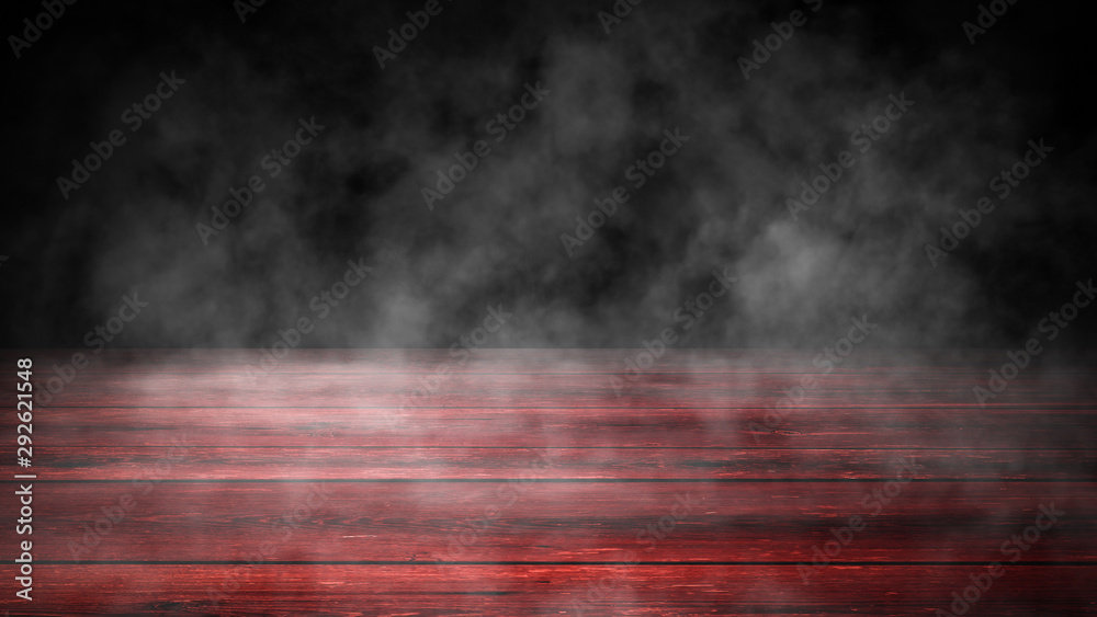 Top wooden table with fog. Wall with smoke on isolated black background. Design element.