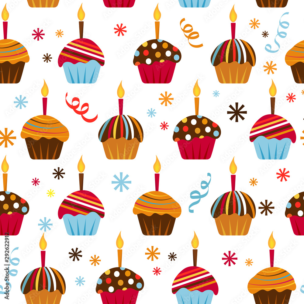 Seamless pattern with different cupcakes and a candle for celebration. Flat style