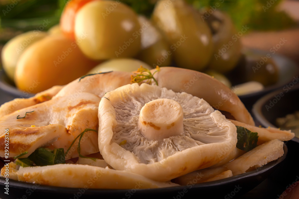 Salted mushrooms on a background of fermented foods on a dark background. Close-up Salted mushrooms on a background of fermented foods on a dark background. Close-up