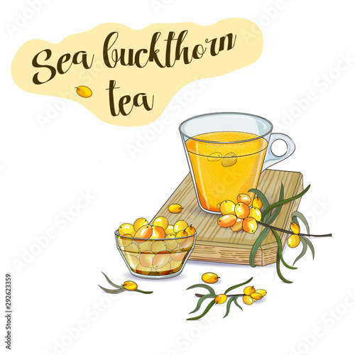 Sea buckthorn tea in a mug on a wooden board and sea buckthorn berries in a plate and on branches