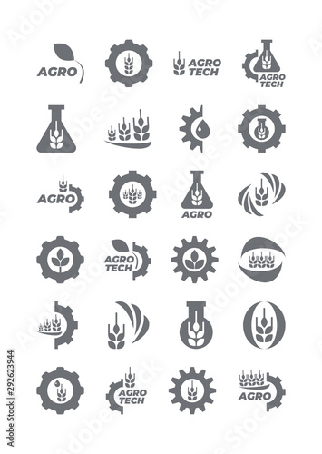 Set of agro and bio icons template for logo. Vector gray isolated illustration on white
