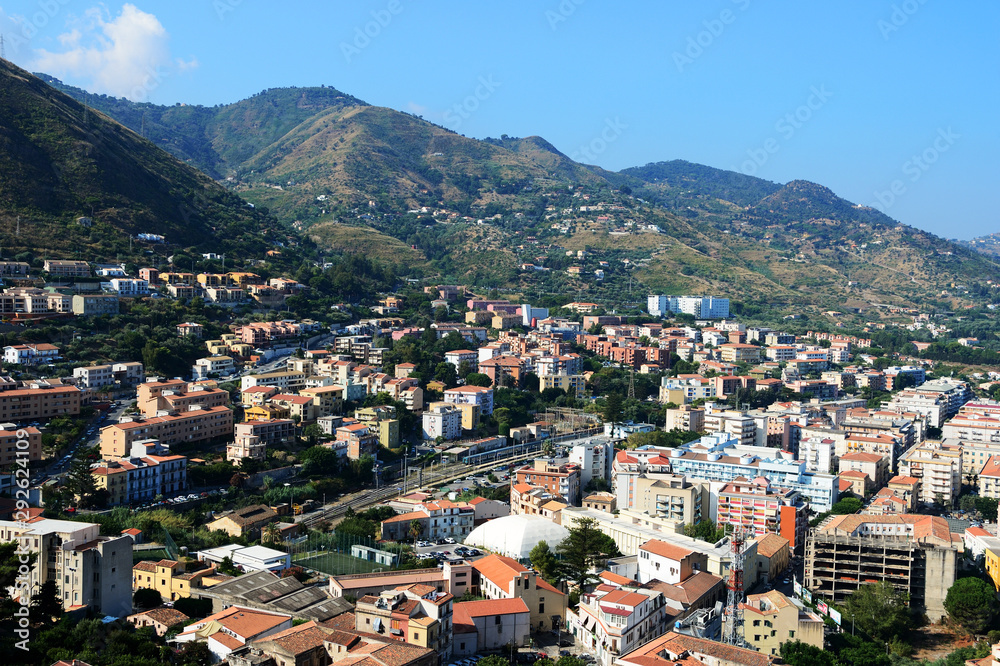 View of Cefalu town from the Rocca di Cefalu in the early morning. Sicily, Italy