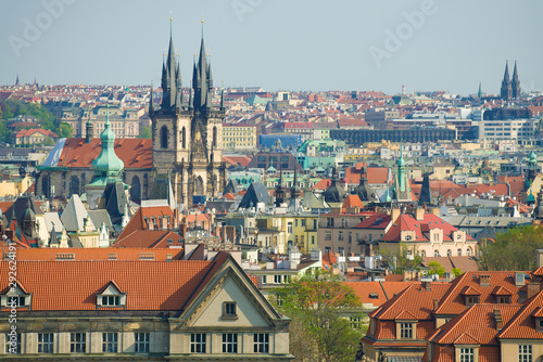 April sunny day over the roofs of old Prague. Czech