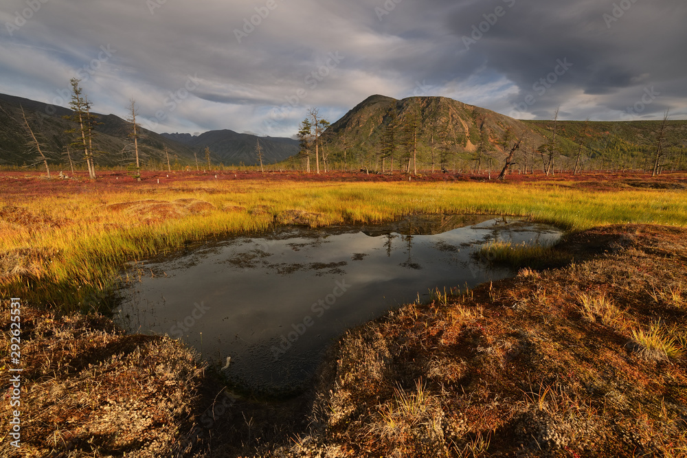 Autumn landscape with river, Magadan region, Kolyma, Jack London lake