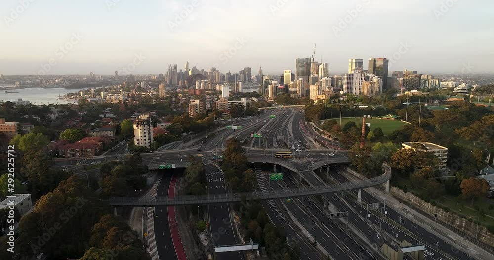 Multi-lane Warringah freeway cutting through Lower North Shore suburbs and North Sydney towards Harbour Bridge and CBD. Multi-lane Warringah freeway cutting through Lower North Shore suburbs and North Sydney towards Harbour Bridge and CBD.