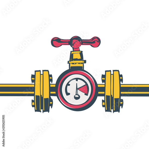 Gas pipeline with a valve and a manometer. Vector illustration flat design. Industry system isolated on white background. Wheel to open closing flow. Yellow pipe sketch style.