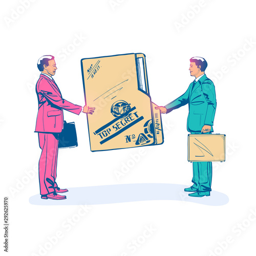 Person give secret documents. Top secret folder. Vector illustration sketch design. Isolated on white background. Documents confidentially. Paper information in file. Deal transmission of information.