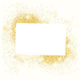 Gold frame. Golden sand around the business card for your text. Confetti, dust spray. Bright sequins. Vector illustration flat design. Gilded abstract particles. Posters and flyers.