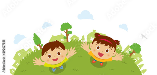 Kids  children   boy and girl  looking up into the sky  bird s eye view . Vector cartoon illustration. 