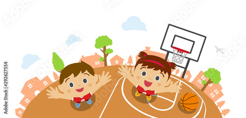 Kids  children   boy and girl  looking up into the sky  wearing basketball uniform . Vector cartoon illustration. Basketball court background   bird s eye view .