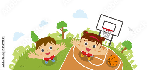 Kids  children   boy and girl  looking up into the sky  wearing basketball uniform . Vector cartoon illustration. Basketball court background   bird s eye view .