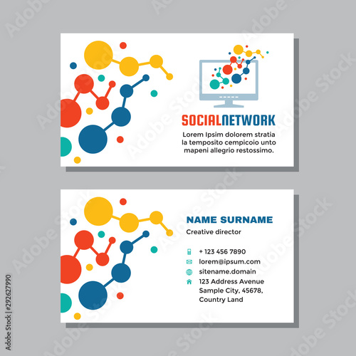 Business visit card template with logo - concept design. Computer network technology. Social media. Vector illustration. 