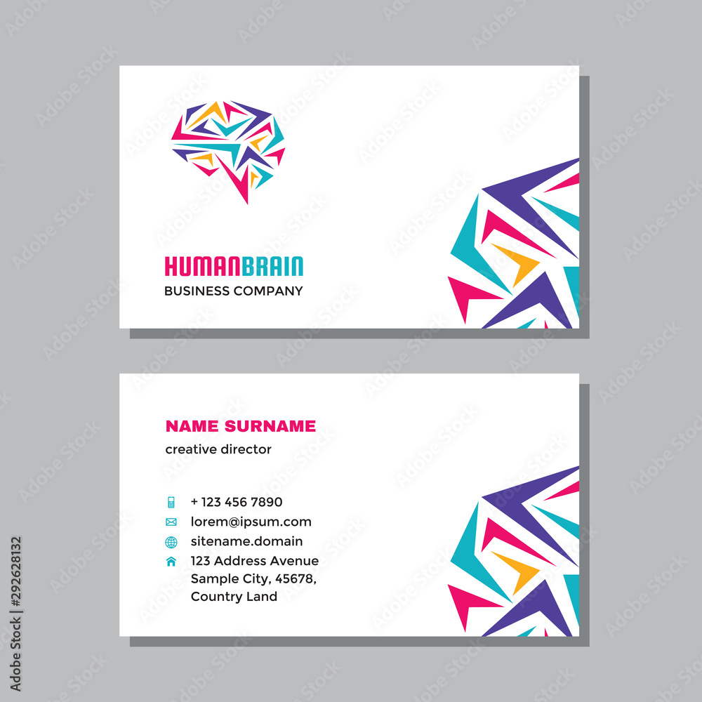 Business visit card template with logo - concept design. Human brain, creative idea branding. Vector illustration. 