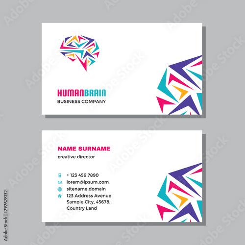 Business visit card template with logo - concept design. Human brain, creative idea branding. Vector illustration. 