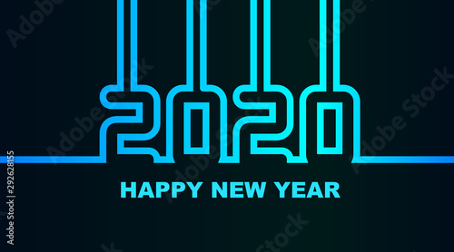 Year 2020 - simple greeting card, invitation, flyer, poster or design element - cold cyan-bluish-blue neon outline - vector