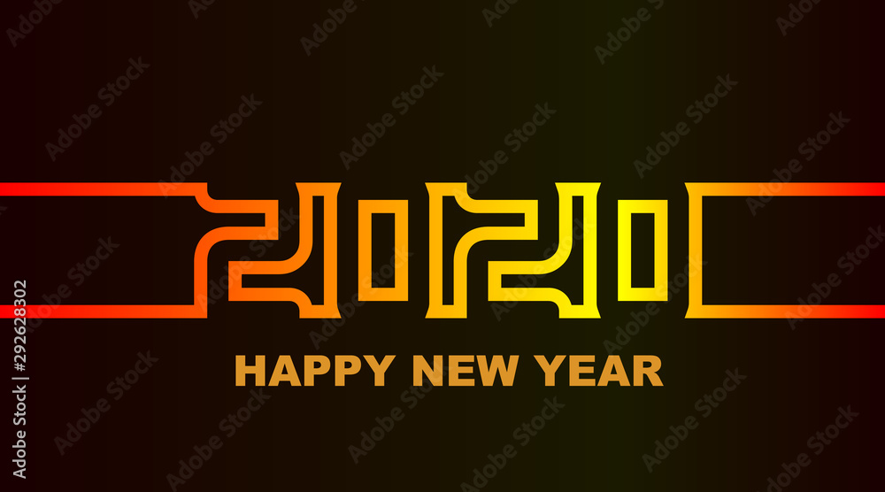 Obraz premium Year 2020 - simple greeting card, invitation, flyer, poster or design element - warm yellow-orange-red neon outline - vector