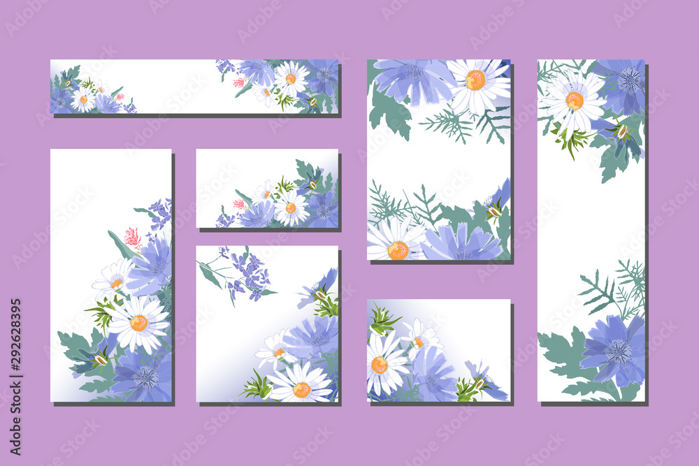 Floral templates with blue and white flowers. 