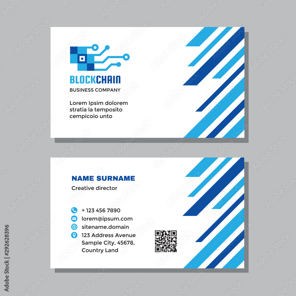 Business visit card template with logo - concept design. Network computer digital technology. Blockchain cryptocurrency sign. Vector illustration. 