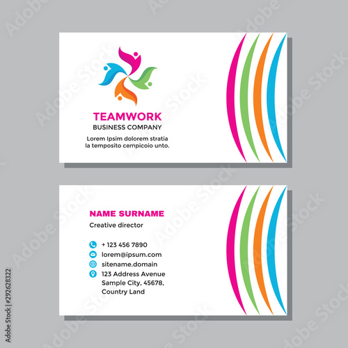 Business visit card template with logo - concept design. Abstract teamwork cooperation branding symbol. Vector illustration. 