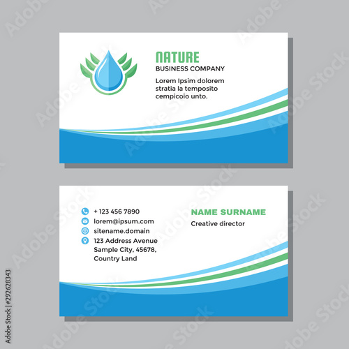Business visit card template with logo - concept design. Nature green leaf branding. Clean water drop sign. Vector illustration. 