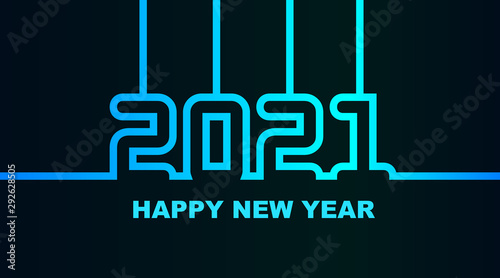 Year 2021 - simple greeting card, invitation, flyer, poster or design element - cold cyan-bluish-blue neon outline - vector