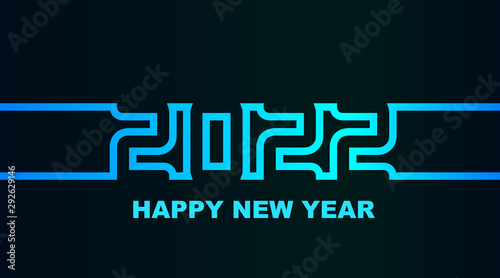 Year 2022 - simple greeting card, invitation, flyer, poster or design element - cold cyan-bluish-blue neon outline - vector