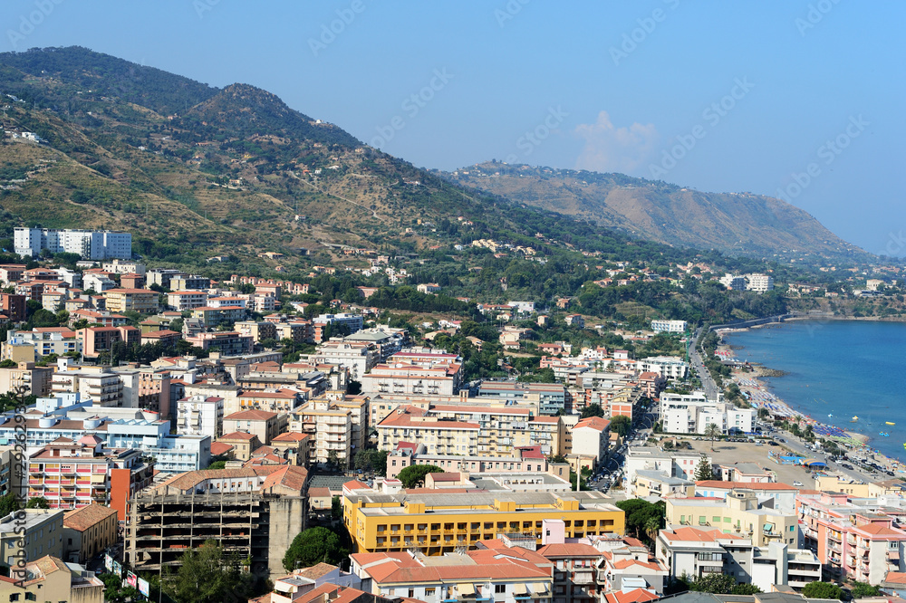 View of Cefalu town from the rock of Rocca di Cefalu in the morning. Sicily, Italy